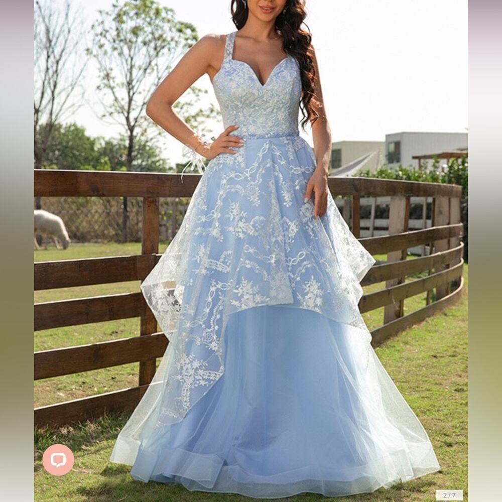 ellie wilde Light Blue and White Lace High-Low Prom Gown